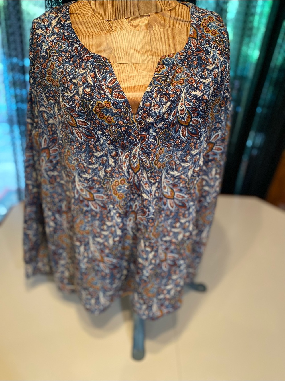 Wonderly Blue Paisley Tunic with Tan and Rust Details